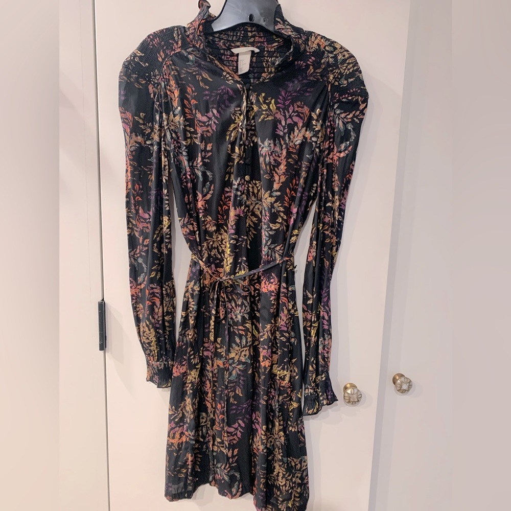 H&M Black Floral Pattern Belted Midi Dress Size 4